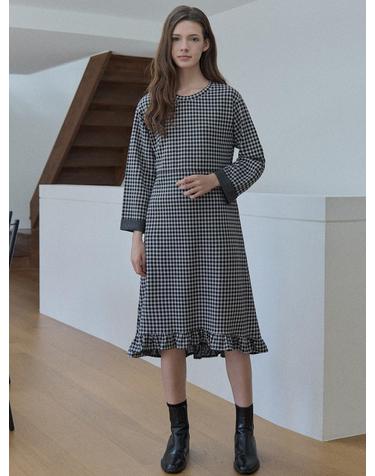 Check Round Neck Frill Dress - BLACK