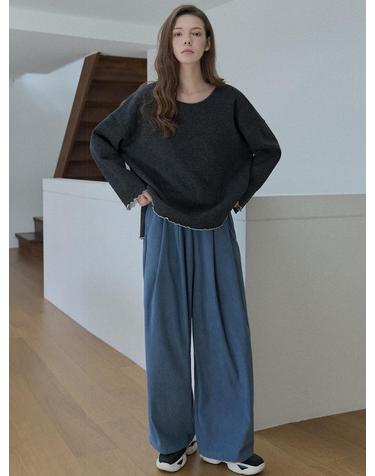 Corduroy Banding Wide Pants - BLUE