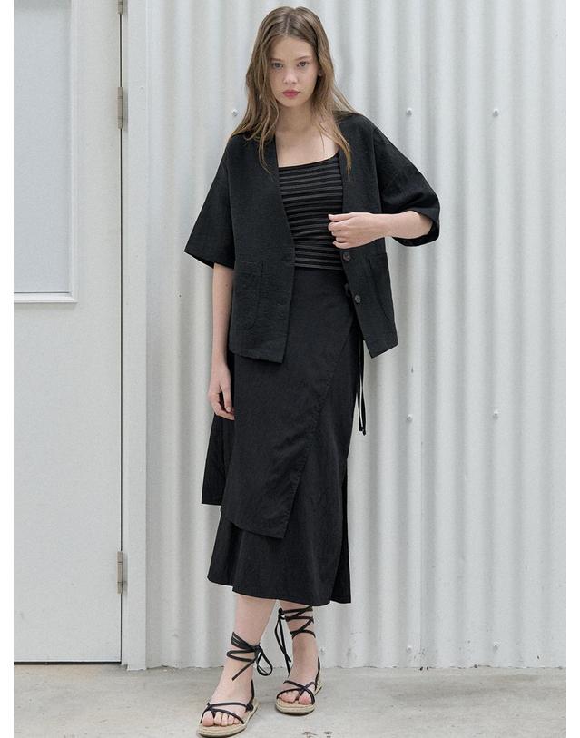 아방 Linen Short Sleeve Cardigan Jacket - BLACK 착용컷