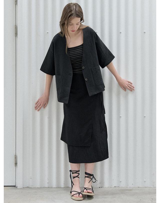 아방 Linen Short Sleeve Cardigan Jacket - BLACK 착용컷