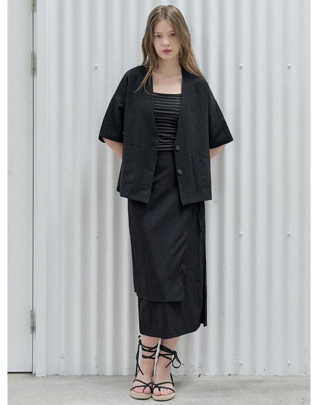 아방 Linen Short Sleeve Cardigan Jacket - BLACK 착용컷