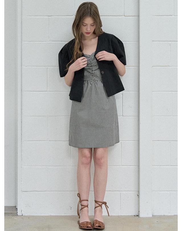 아방 Check Shirring Balloon Mini Dress - BLACK 착용컷