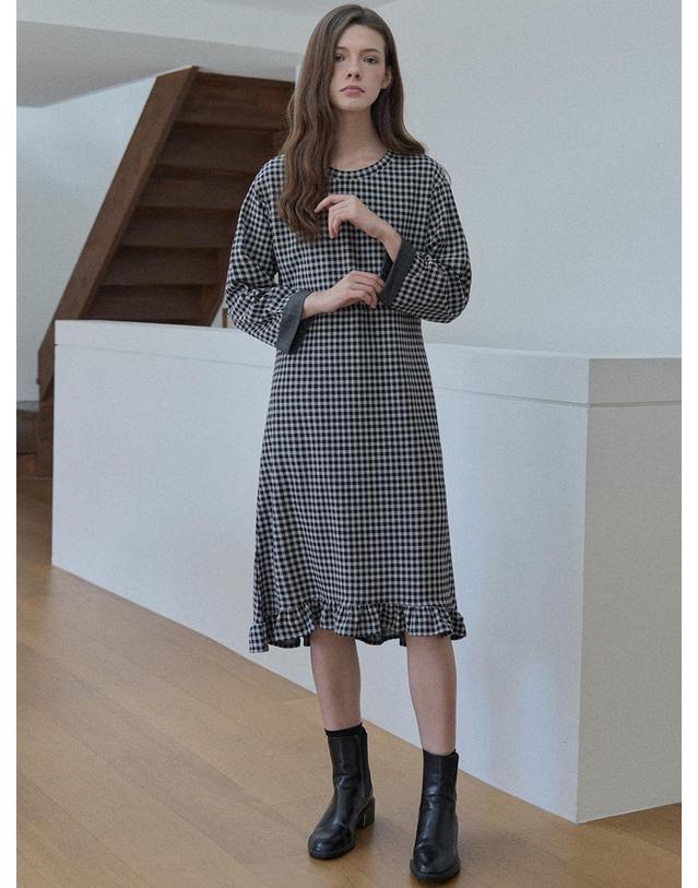 아방 Check Round Neck Frill Dress - BLACK 착용컷