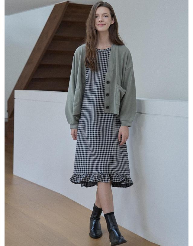 아방 Check Round Neck Frill Dress - BLACK 착용컷