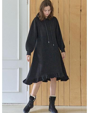 [7차리오더] HOODED FRILL LONG DRESS - BLACK