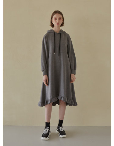[3차리오더]Hooded Frill Long Dress - Charcoal