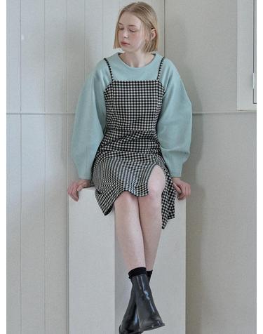 [7차리오더]Span Sleeveless Layered Check Dress - Black