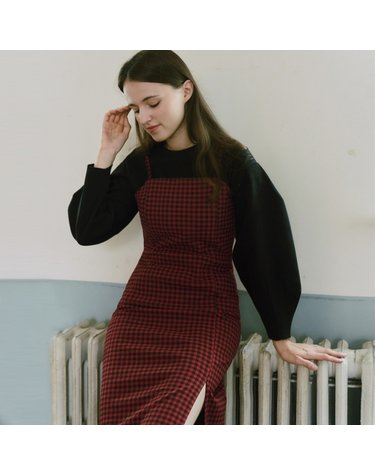 [1차리오더]Span Sleeveless Layered Check Dress - Red