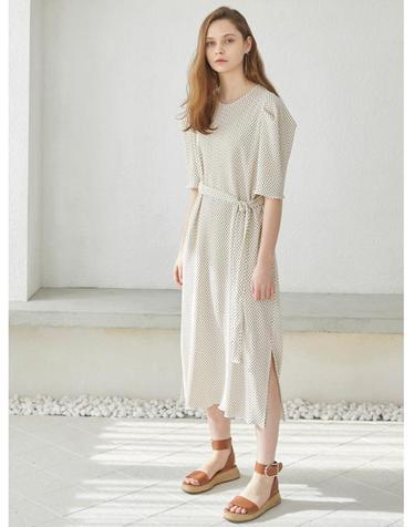 Dot Pleated Puff Sleeve Dress - Ivory