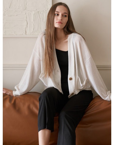 Linen Overfit Basic Knit Cardigan - Ivory