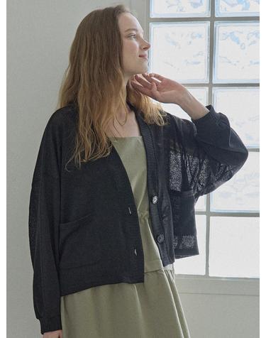 Linen Overfit Basic Knit Cardigan - Black