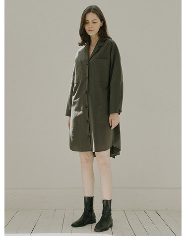 Overfit Shirt Long Sleeve Dress - KHAKI