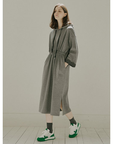 Waistband Hood Long Dress - D/GREY