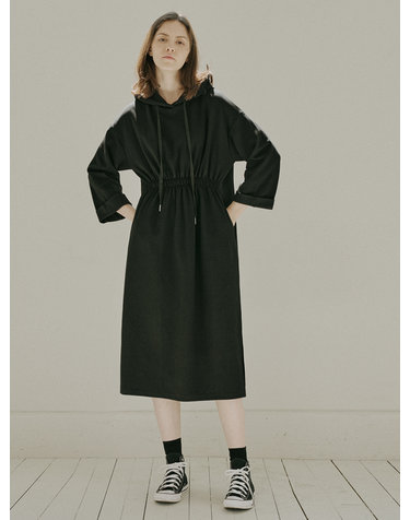 Waistband Hood Long Dress - BLACK	