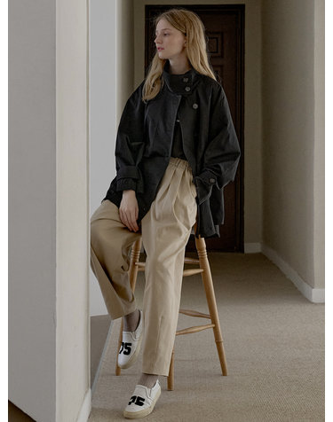Cotton Banding Dart Baggy Pants - BEIGE