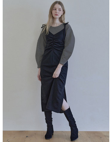 Black Shirring Long Dress -BLACK