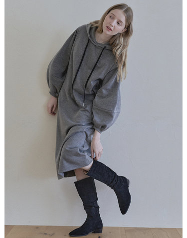 Volume Sleeve Long Hooded Dress - CHARCOAL (기모)