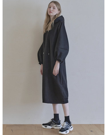 Volume Sleeve Long Hooded Dress - BLACK (기모)