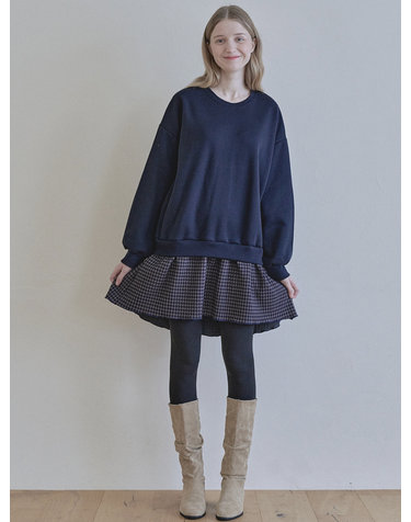 Check Combi Sweatshirt Mini Dress - NAVY (기모)