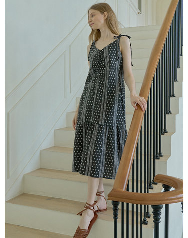 Ethnic Pattern Ribbon Dress - BLACK