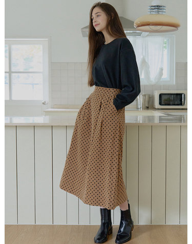 Dot Corduroy Long Skirt - CAMEL