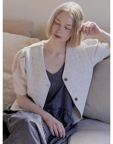 Tweed Puff Crop Jacket - CREAM