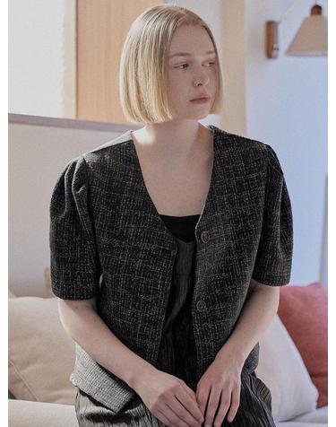 Tweed Puff Crop Jacket - BLACK
