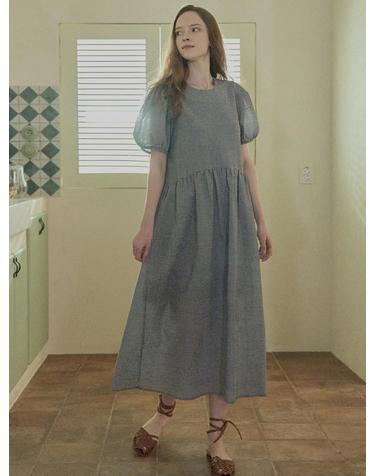 Check Ribbon Puff Long Dress - BLACK