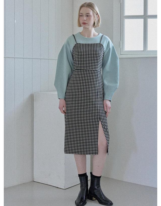 아방 Span Sleeveless Layered Check Dress - Black 착용컷