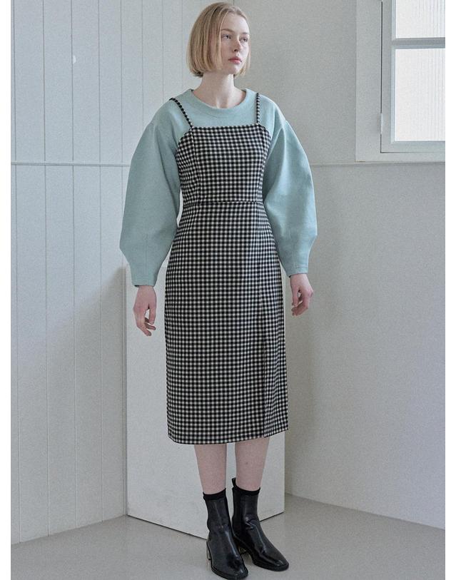 아방 Span Sleeveless Layered Check Dress - Black 착용컷