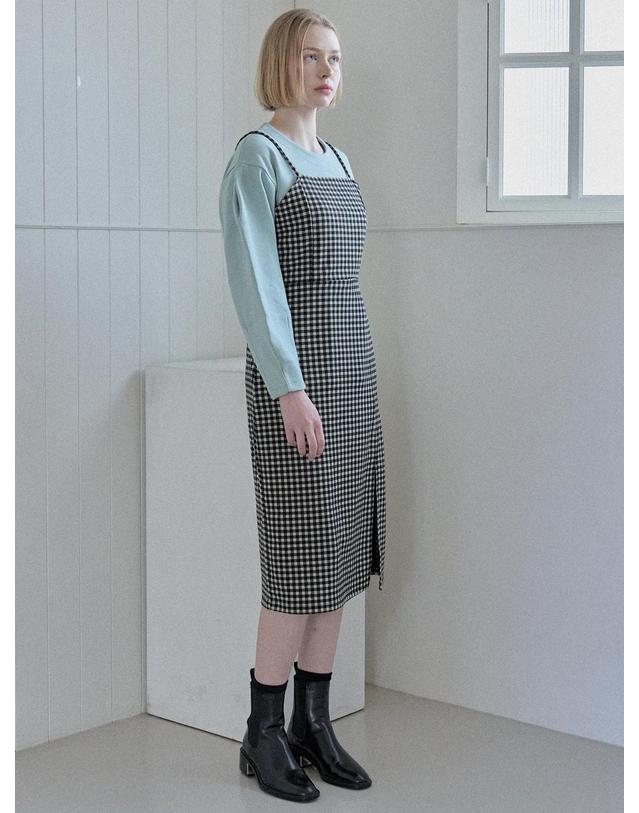 아방 Span Sleeveless Layered Check Dress - Black 착용컷