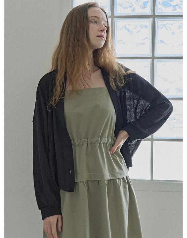 아방 Linen Overfit Basic Knit Cardigan - Black 착용컷