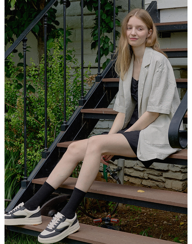 아방 Stripe Overfit Short Sleeve Jacket - CREAM 착용컷