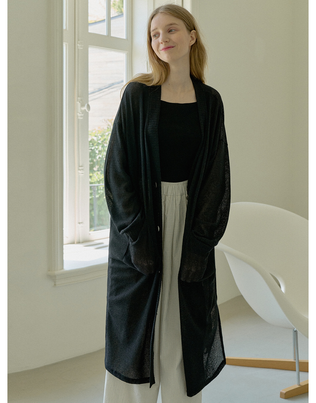 아방 Linen Long Knit Cardigan - BLACK 착용컷