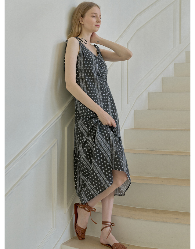아방 Ethnic Pattern Ribbon Dress - BLACK 착용컷