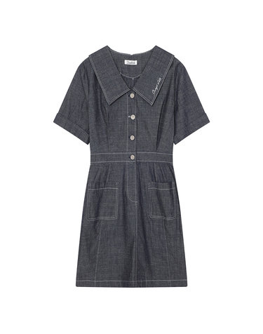 big collar backbanding short denim dress- U1F22DOP020