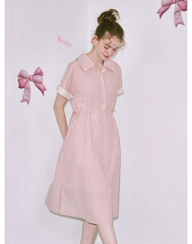 open collar lettering short-sleeved long dress- U3F21WOP020