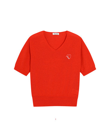 heart embroidery v-neck half pullover- U3F22KPO010