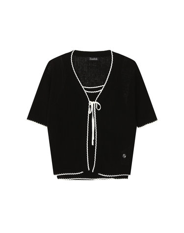 ribbon coloring short-sleeved knit cardigan- U1F25KCD600