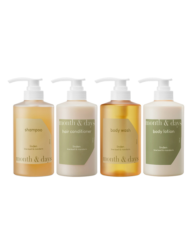 먼스앤데이즈 먼스앤데이즈 린든 라임바질 앤 만다린 풀패키지(샴푸 500ml +컨디셔너 500ml +바디워시 500ml +바디로션) 착용컷