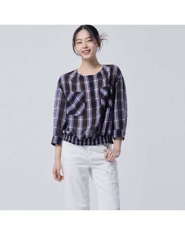 스모킹 헴 체크 시어 블라우스_BABL96631BK