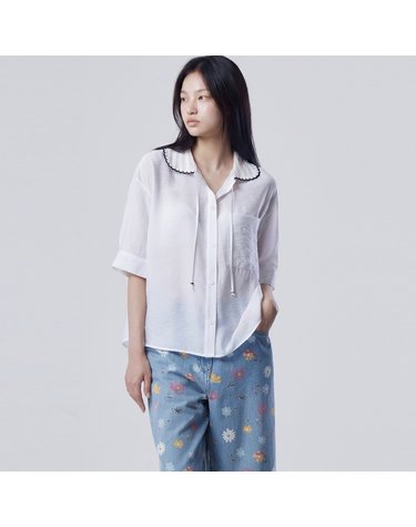레이스업 니트카라 반팔 블라우스_BABL76631WH