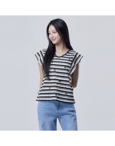 스트라이프 브이넥 니트 블라우스_BABL73631BK