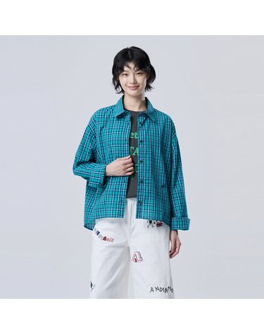 [Online Exclusive] B 자수 체크 블라우스_BABLE1641GN