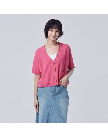 스캘럽 브이넥 반팔 니트 가디건_BAKC03641PK