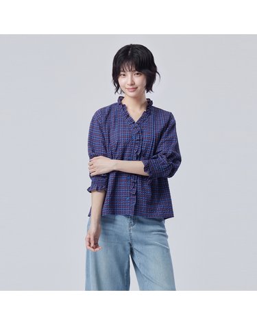 체크 시어서커 프릴 블라우스_BABL33641WI