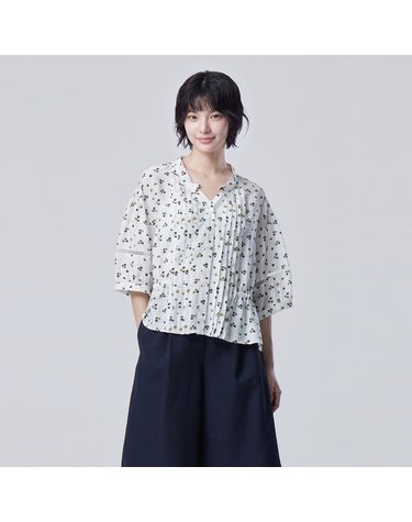 플로럴 핀턱 반팔 블라우스_BABL03641WH
