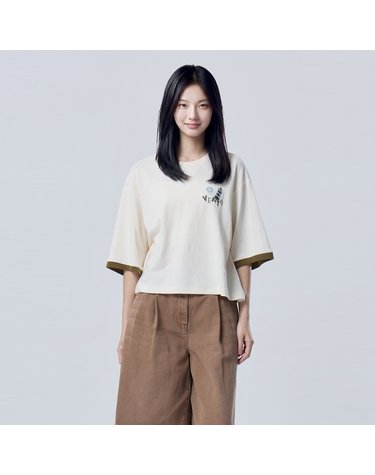 배색 7부 슬리브 자수 티셔츠_BATS06641IV