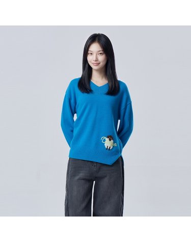 캐시미어 블렌드 양 자수 브이넥 니트_BAKPF3661BL