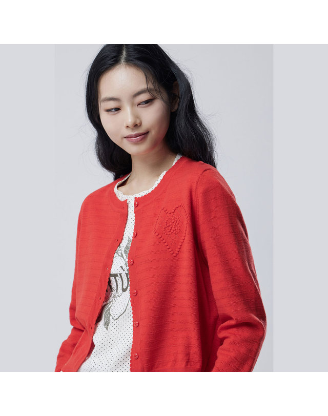 베네통 하트 스트라이프 니트 가디건_BAKC51631RD 착용컷